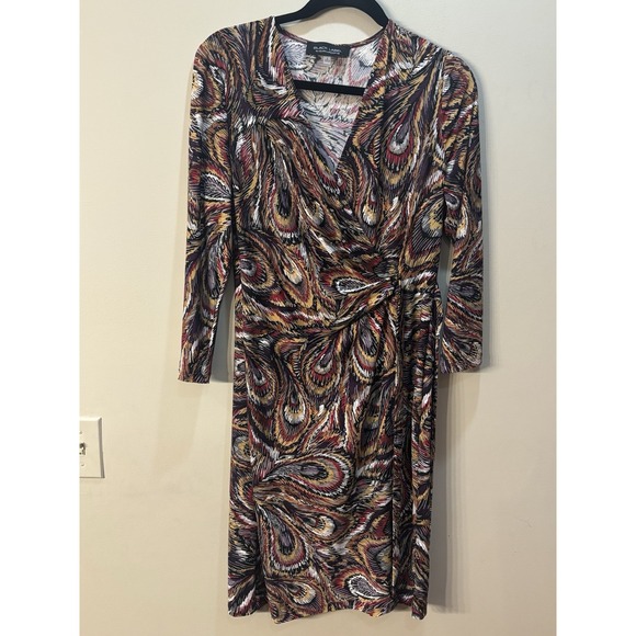 Black Label Evan Picone Feather Paisley Print Faux-Wrap Dress with Tie‎ Size 8 - Picture 2 of 8